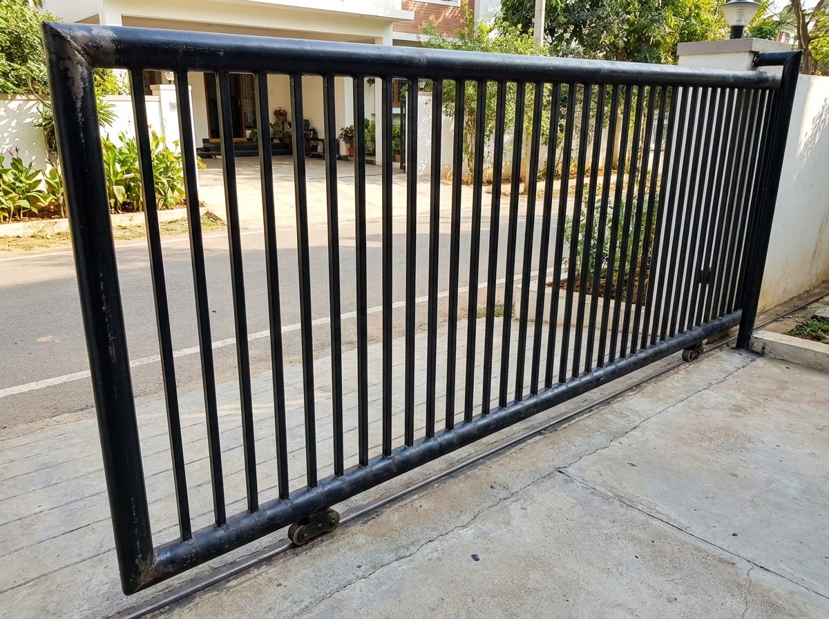 Fabricated steel channel gate at a residential compound entrance