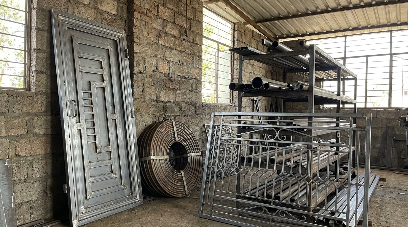 Completed fabrication work — safety doors, shutters, grills and racks at the Kardale workshop